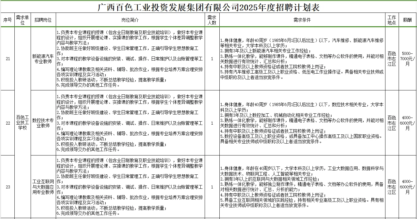 百色工投发展集团有限公司2025年度招聘计划