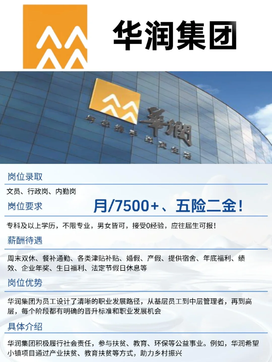 华润集团正招人，周末双休，码住！要求：专