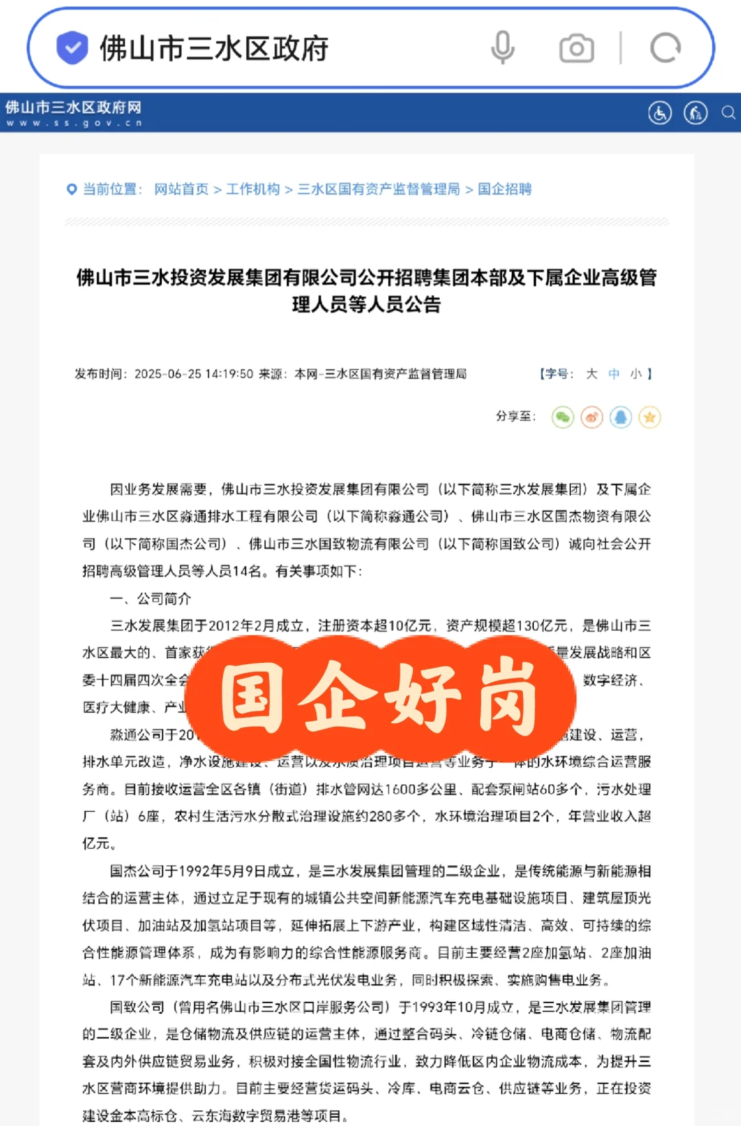 佛山市三水投资发展集团有限公司招聘14人