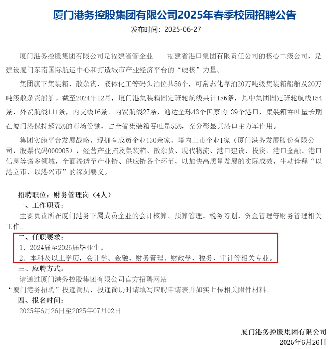厦门港务集团,招聘4名正式工,24/25届可报