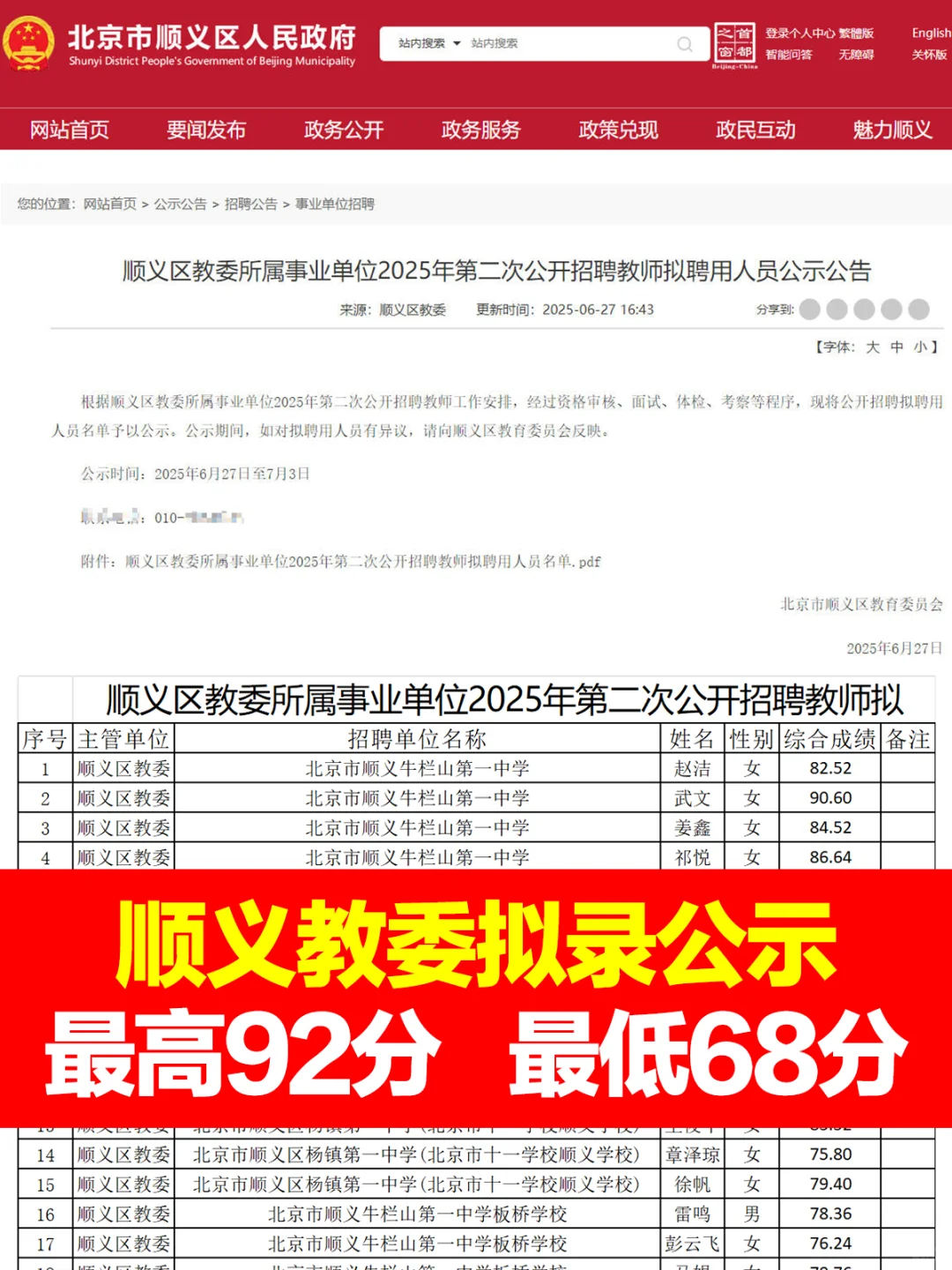 顺义教委拟录公示95人 恭喜未来的老师们！