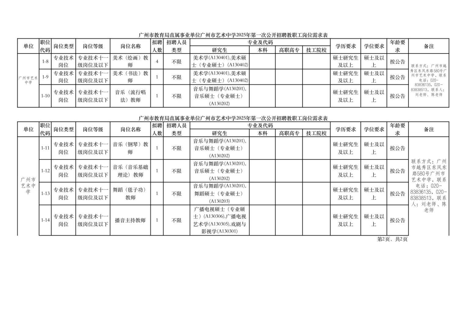 广州市艺术中学招聘事业编制教师,硕士可报