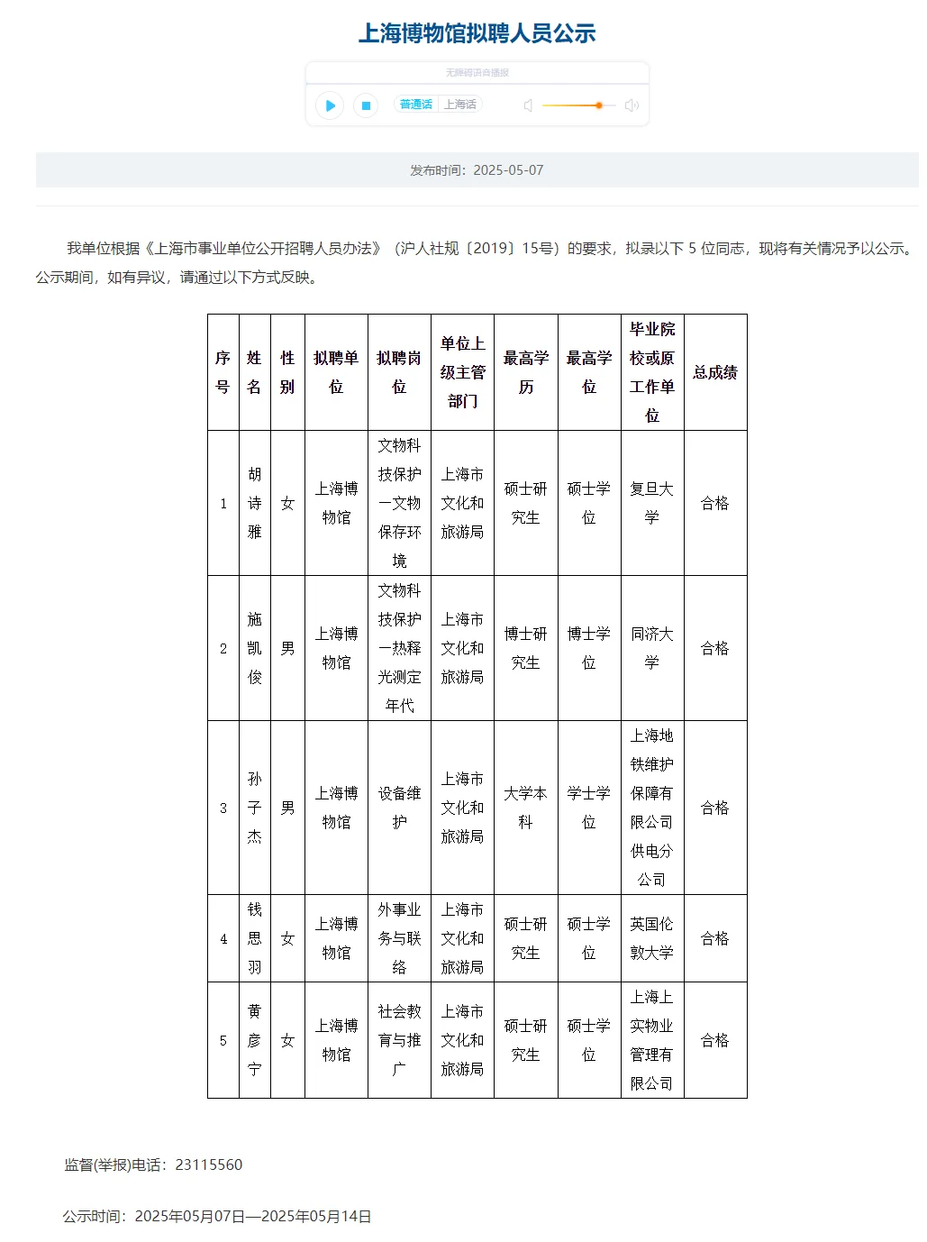 上海博物馆招聘录用公示名单