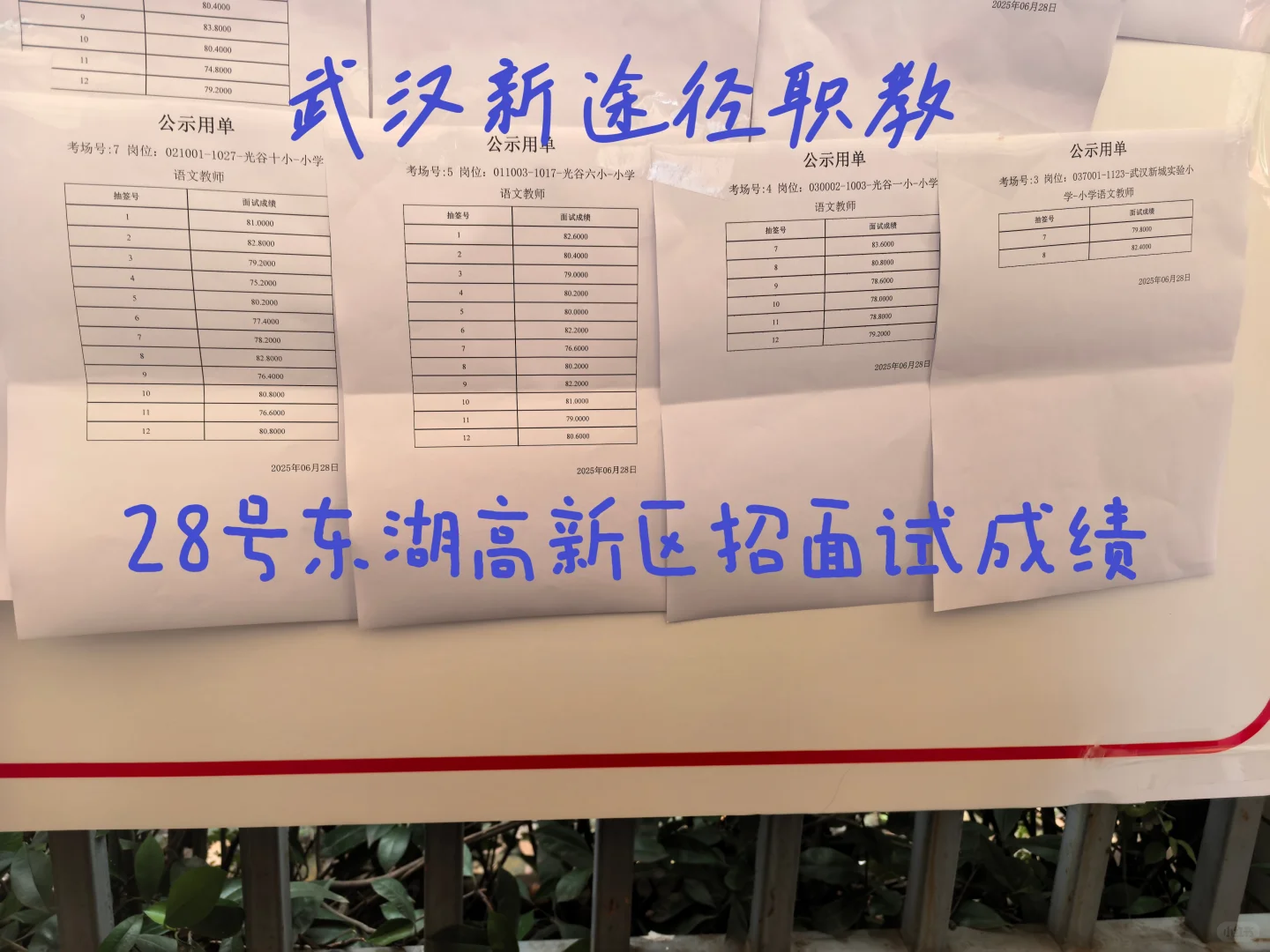 武汉市25年东湖高新区招面试成绩公示