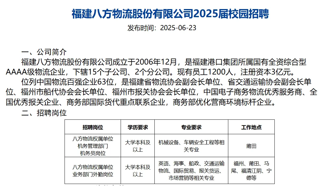 福建港口集团，权属国企招聘，正式员工！