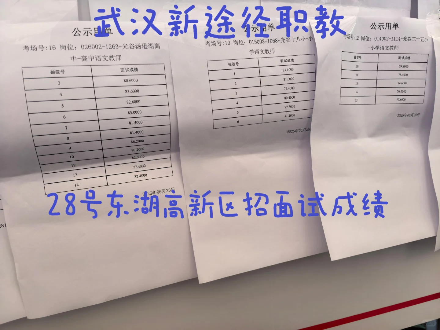 武汉市25年东湖高新区招面试成绩公示