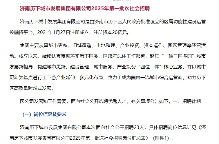 济南历下城市发展集团2025年社会招聘公告