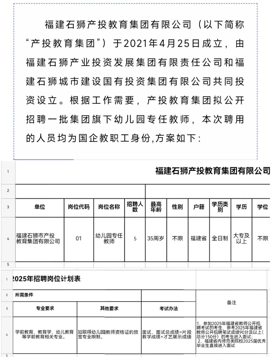石狮教育集团招聘幼儿园教师5人!