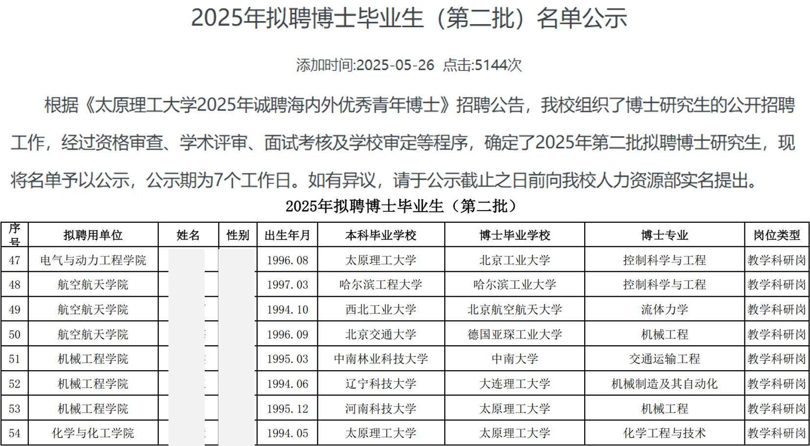 太原理工大学2025年招聘博士教师名单公示