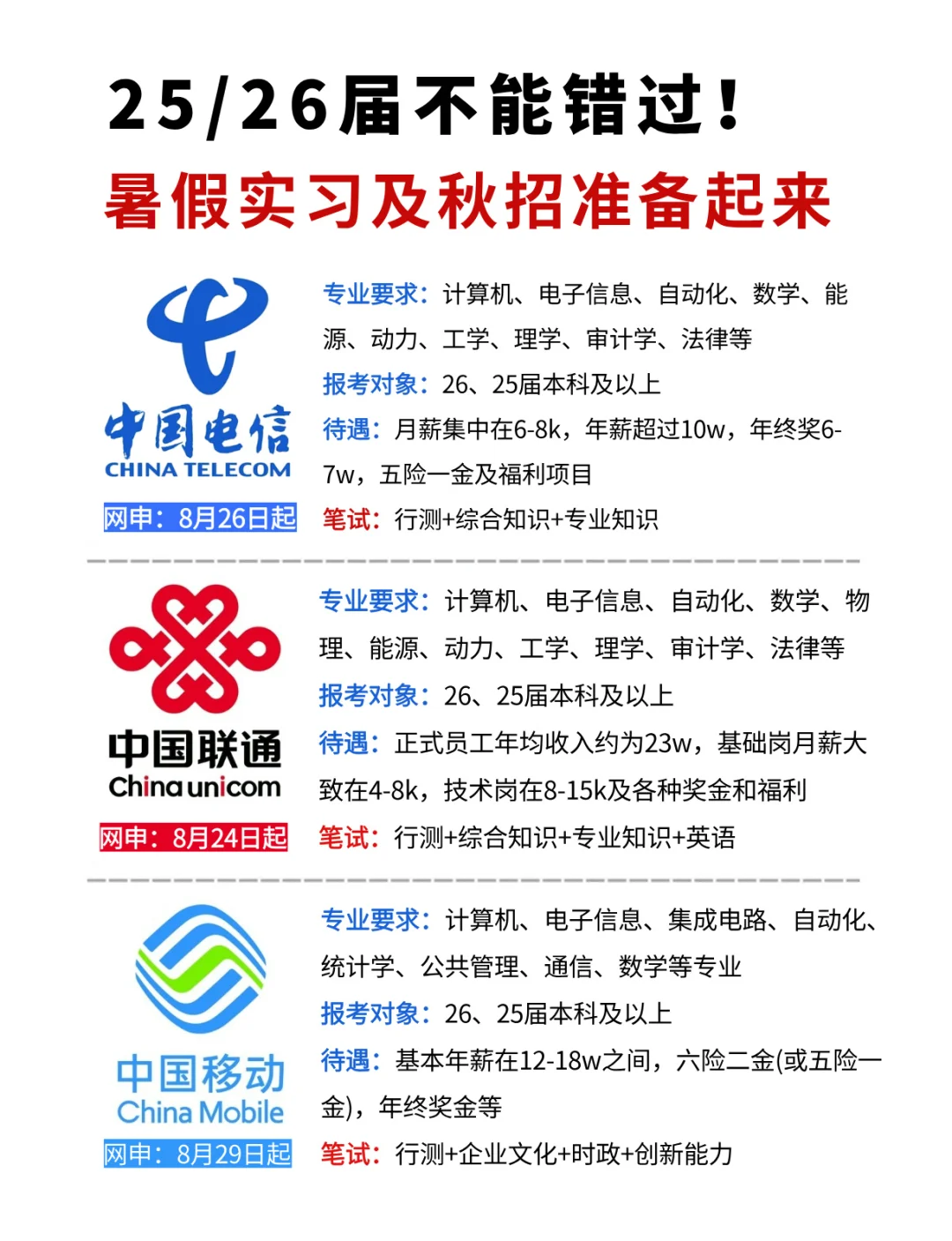 参加25秋招的同学，别错过运营商暑假实习！