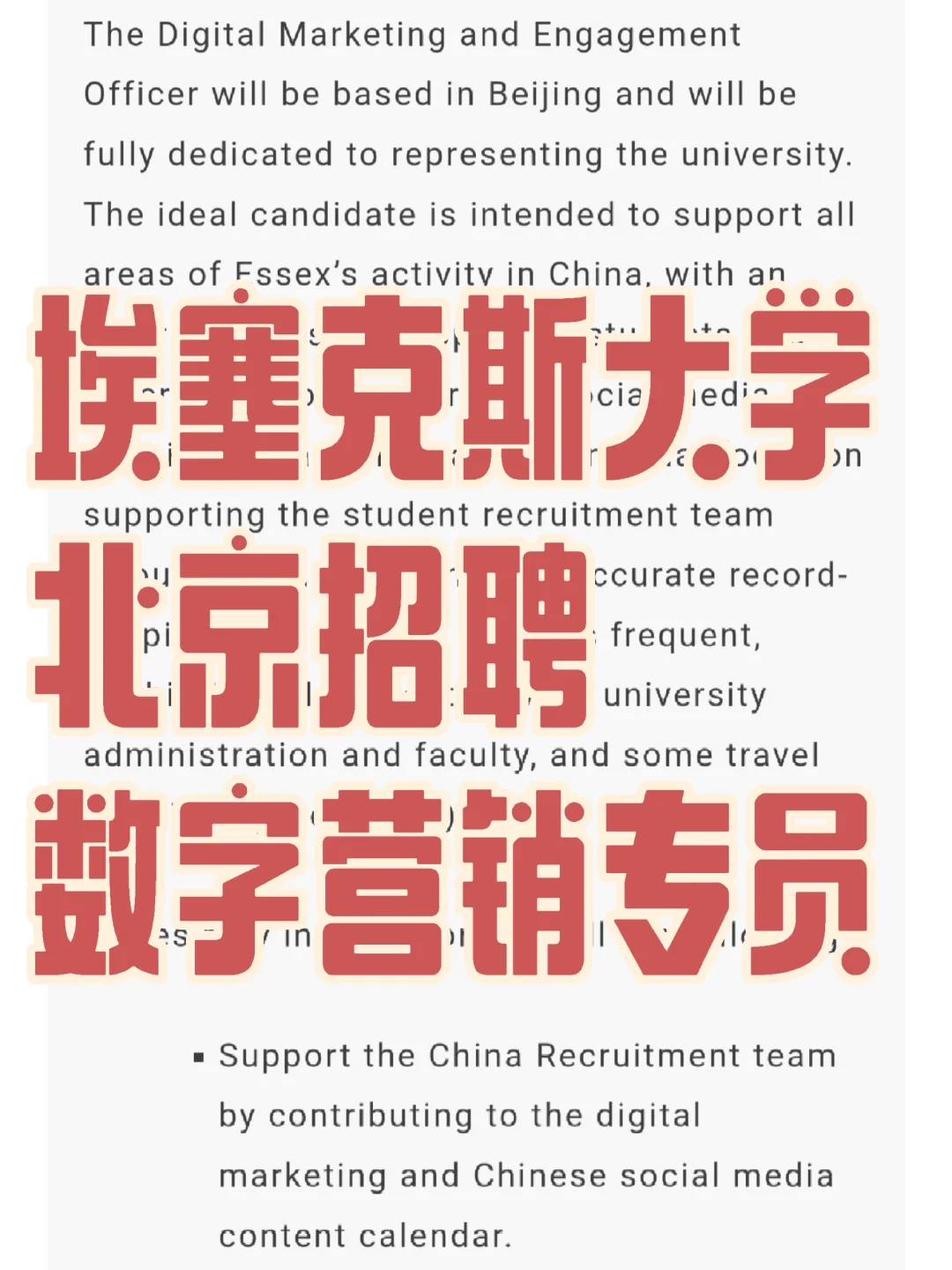 埃塞克斯大学北京招聘数字营销专员