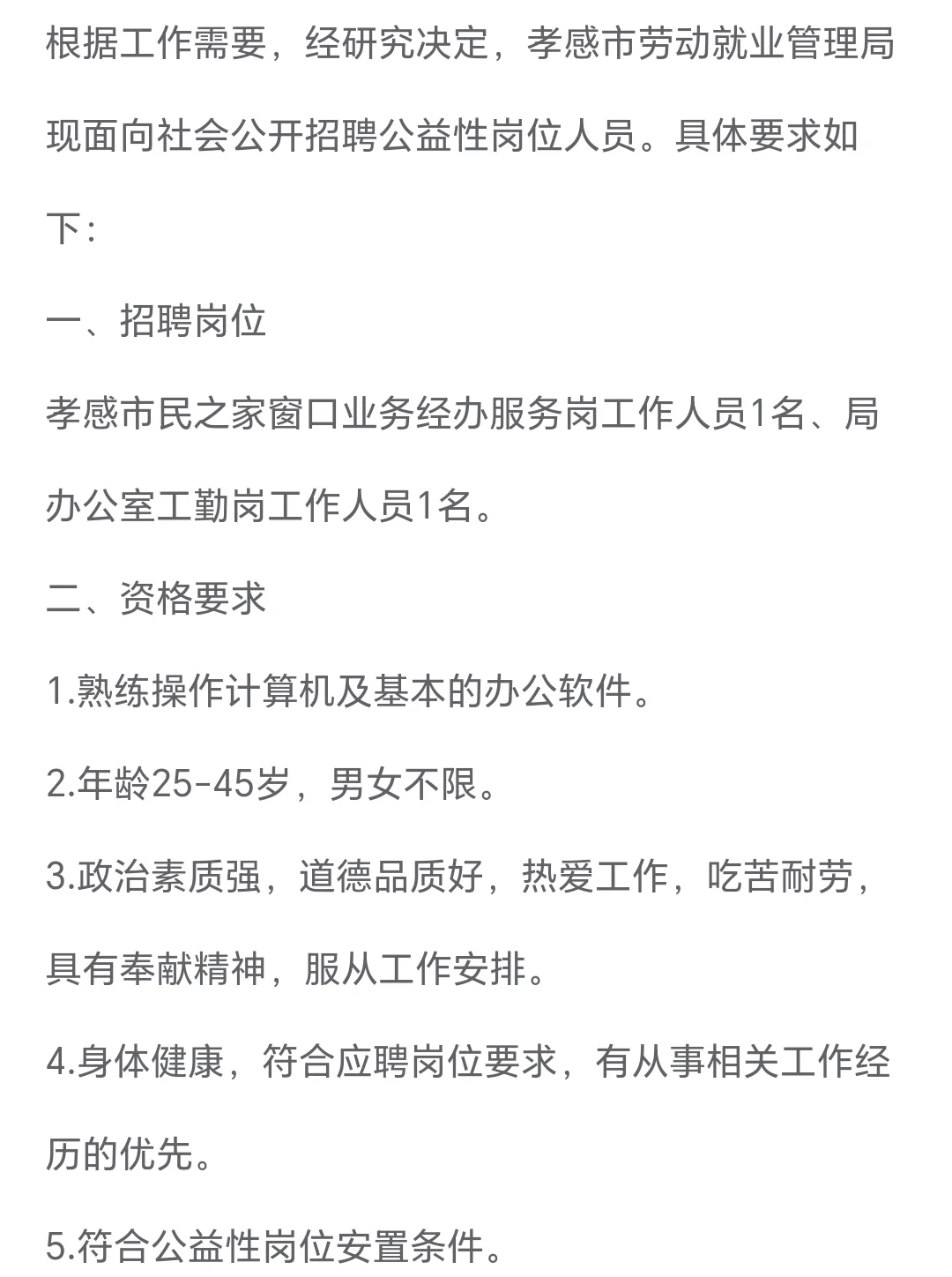 孝感市劳动局招聘公告