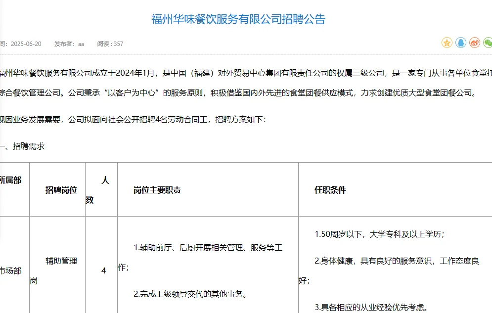 福州华味餐饮服务有限公司招聘