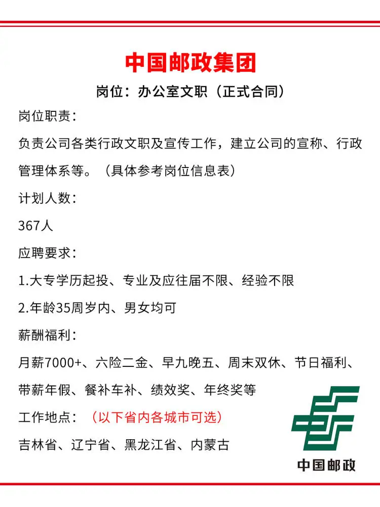 中国邮政集团急招367人?正式合同~
