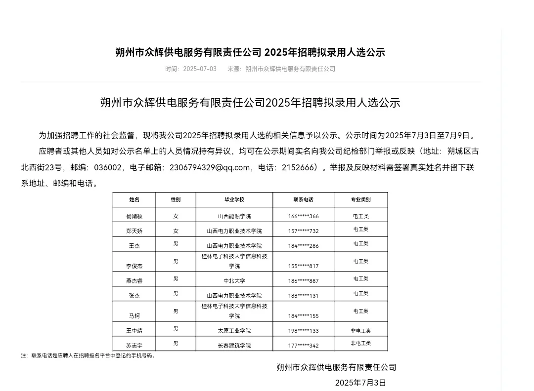 山西众辉公示名单！