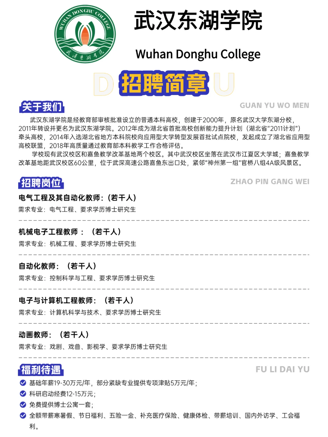 武汉东湖学院急招人啦！投就中！！