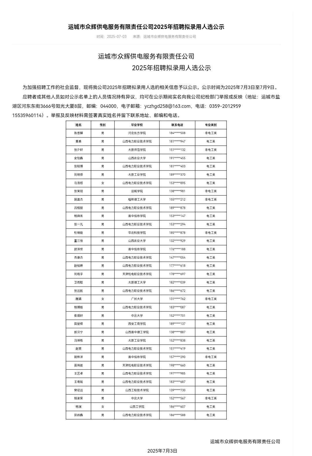 山西众辉公示名单！