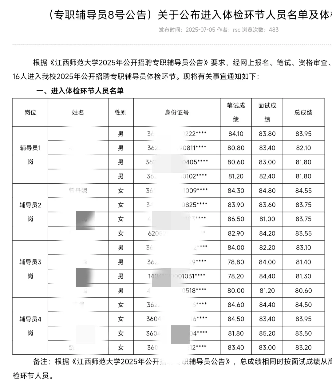 2025江西师范大学辅导员招聘面试结果公示