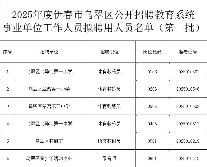 伊春乌翠区教师招聘人员公示