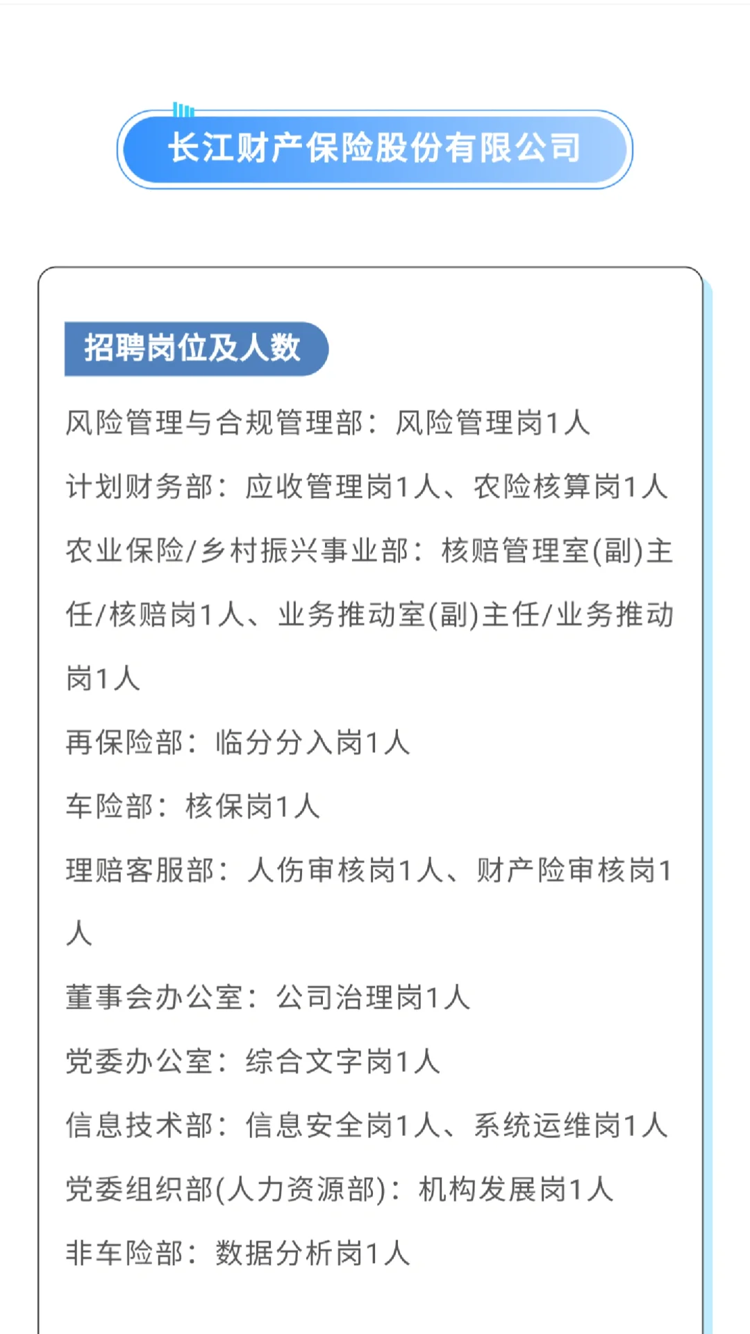 长江财产保险股份有限公司招聘
