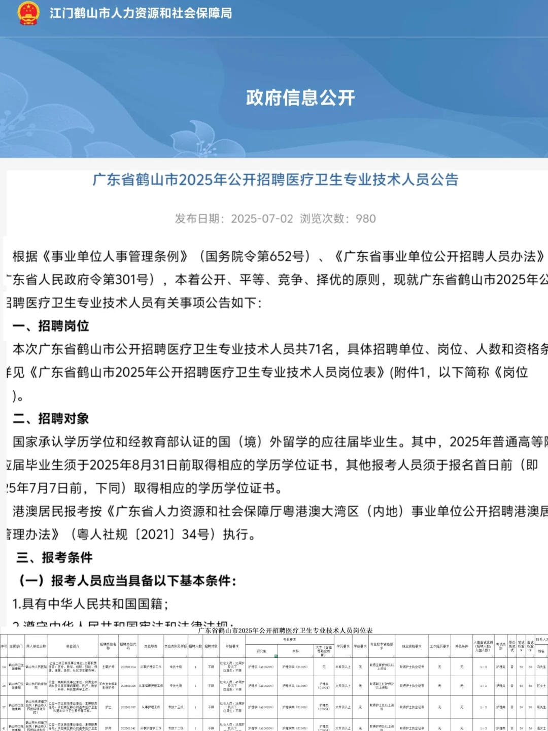 广东省鹤山市护理招聘来喽