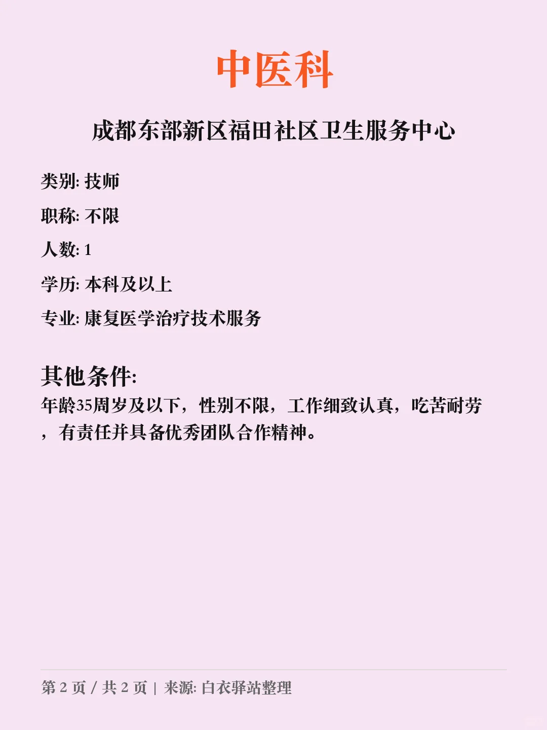 成都东部新区福田社区卫生服务中心招聘