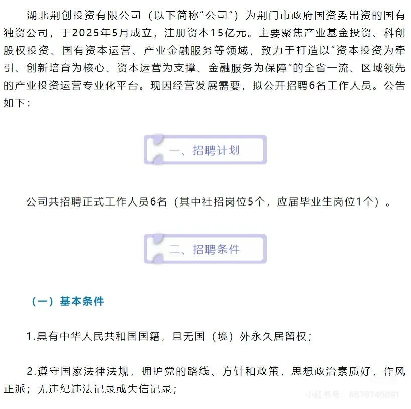 湖北荆门新成立国企最新社会招聘6人