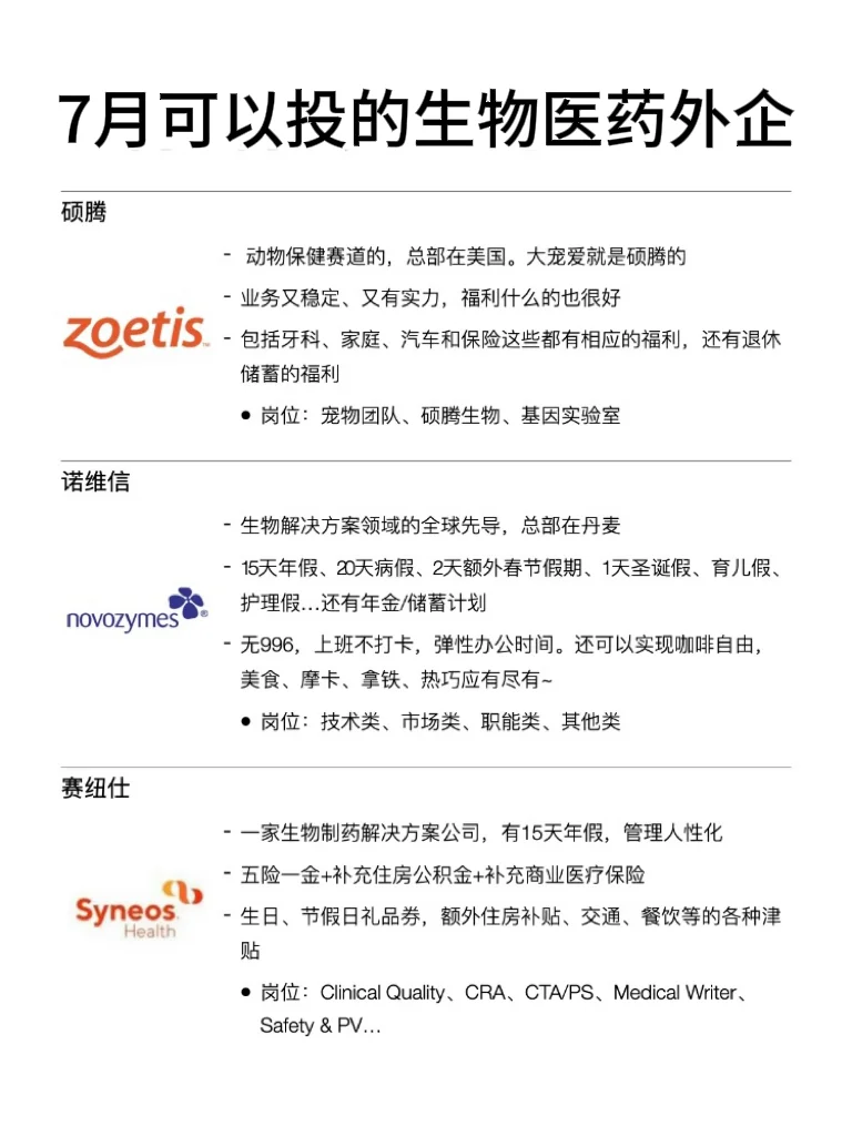 7月可以投的生物医药外企