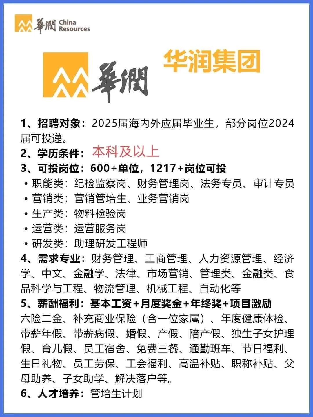 ||华润集团捞人啦,23-26本科及以上可投