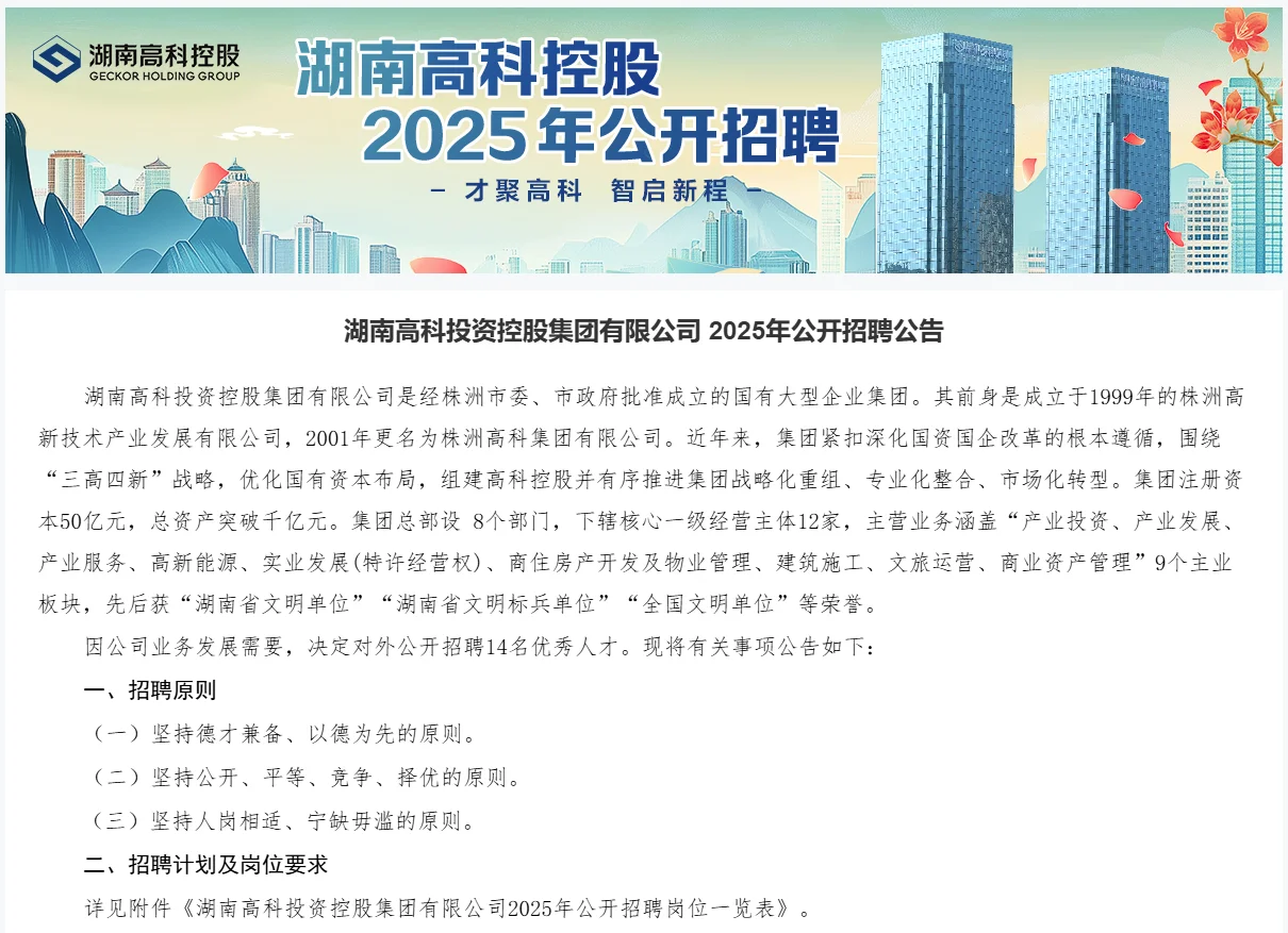 湖南高科投资控股集团2025年公开招聘公告