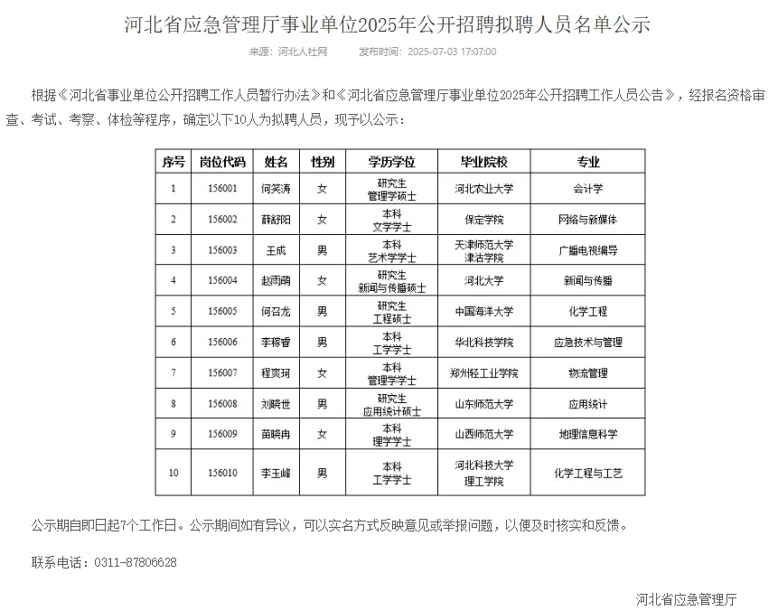 河北省2025年事业单位招聘公示