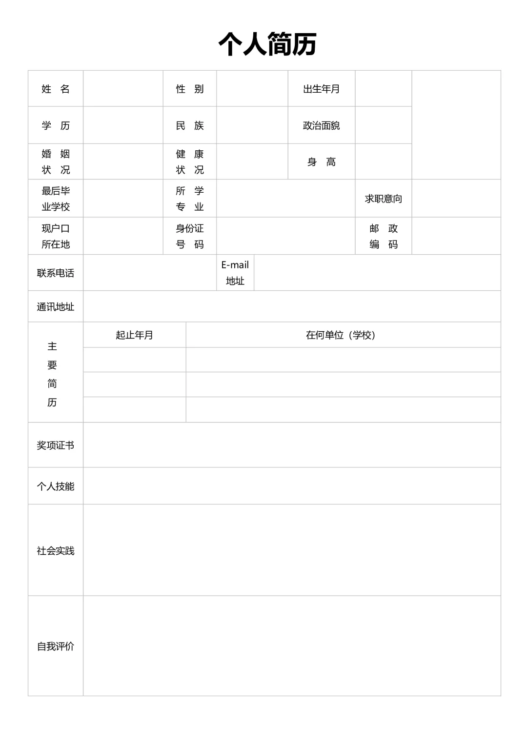 大学生个人通用空白简历表格版