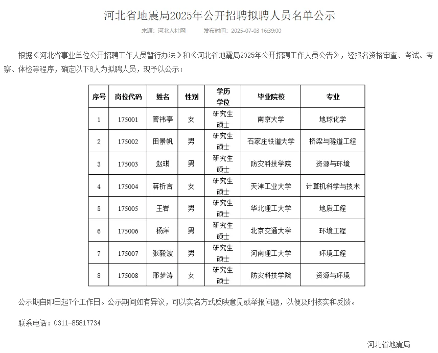 河北省2025年事业单位招聘公示
