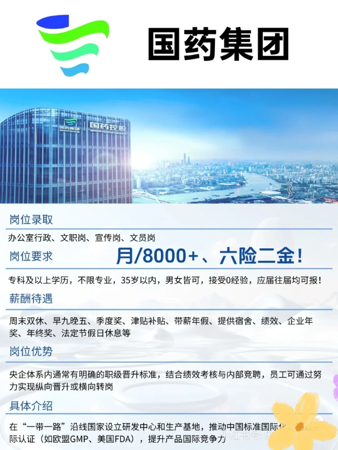 国药集团正招人,周末双休,码住!要求:专