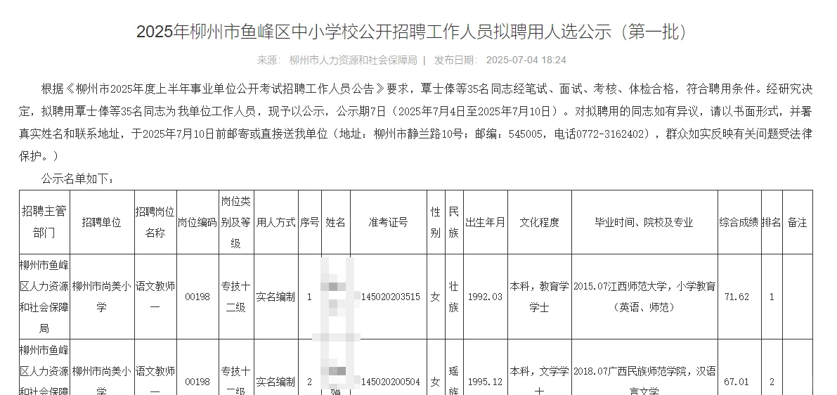 鱼峰区中小学校公开招聘拟聘用人选公示