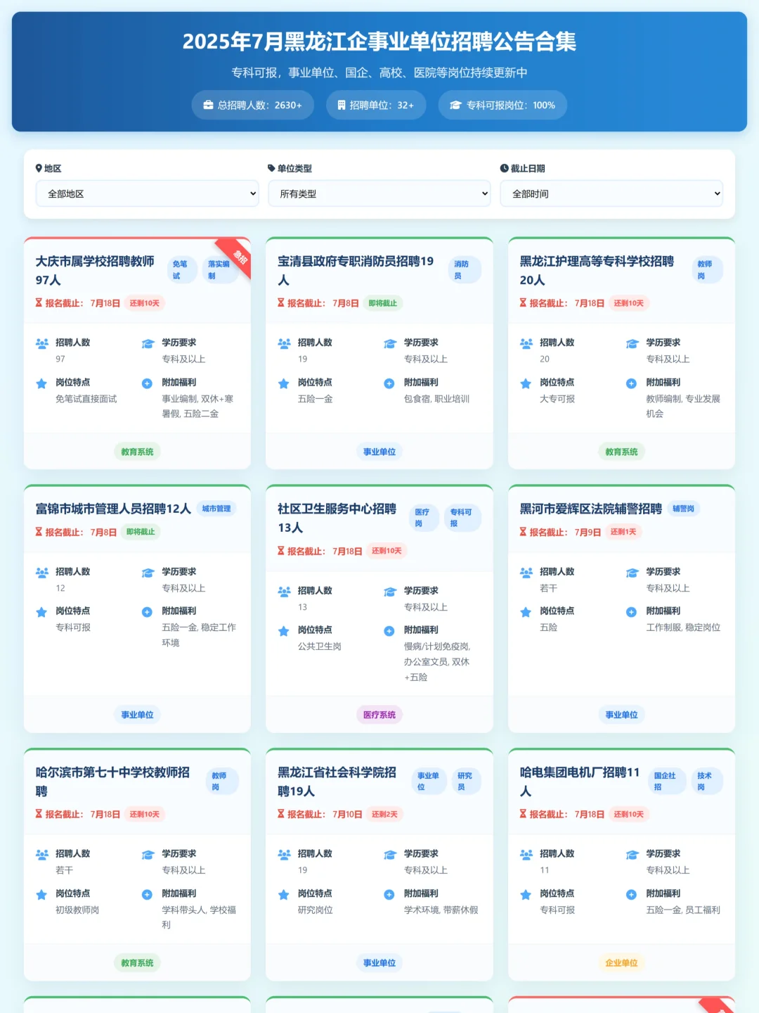 2025年7月黑龙江企事业单位7月公告