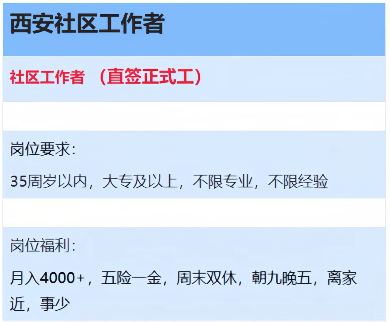 社区工作者！离家近工作轻松！双休！