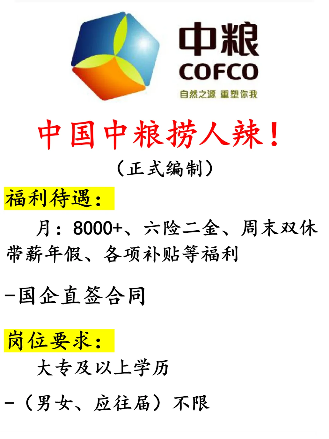 中粮集团招聘辣！