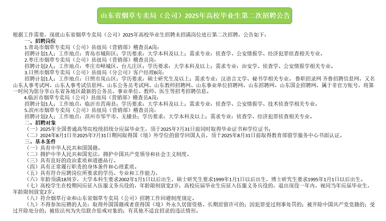 山东烟草专卖局第二次招聘公告