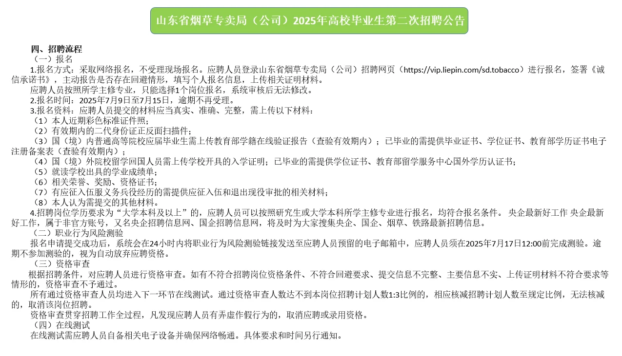 山东烟草专卖局第二次招聘公告