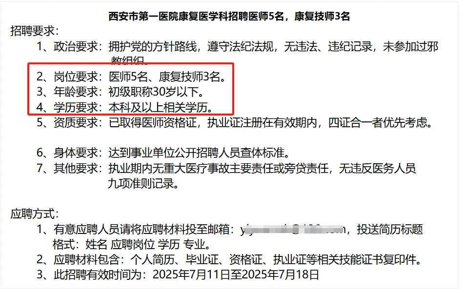 西安市第一康复医院招聘啦!看一下