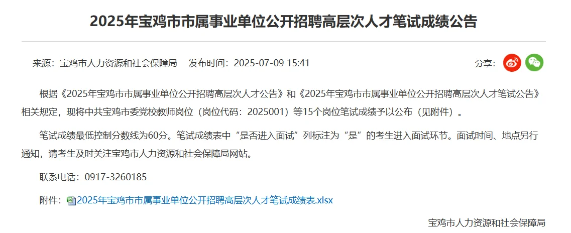 25宝鸡市属高层次人才笔试成绩已出