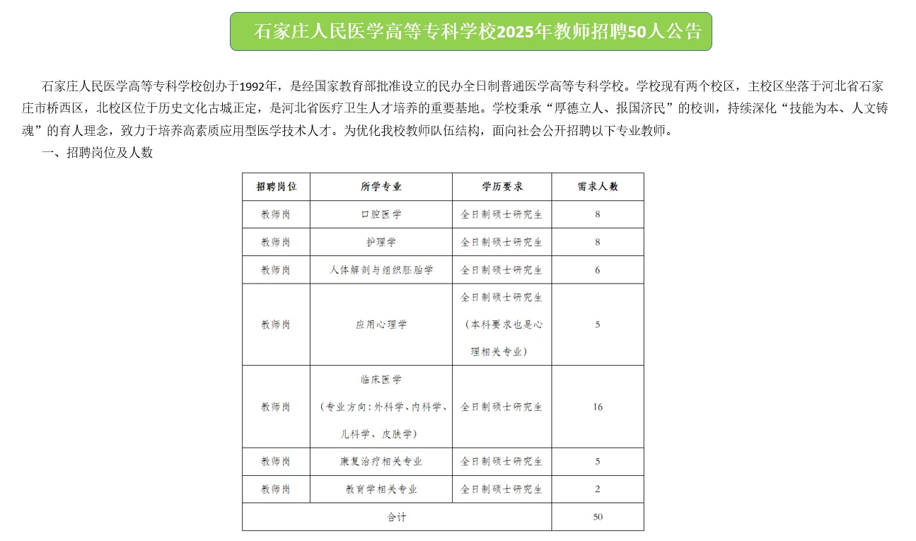 石家庄人民医学高等专科学校2025招聘公告