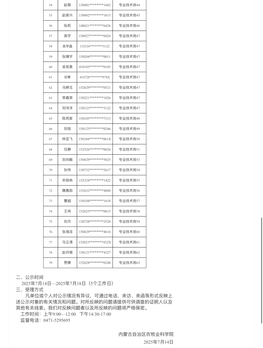 内蒙古自治区农牧业科学院公开招聘名单公示