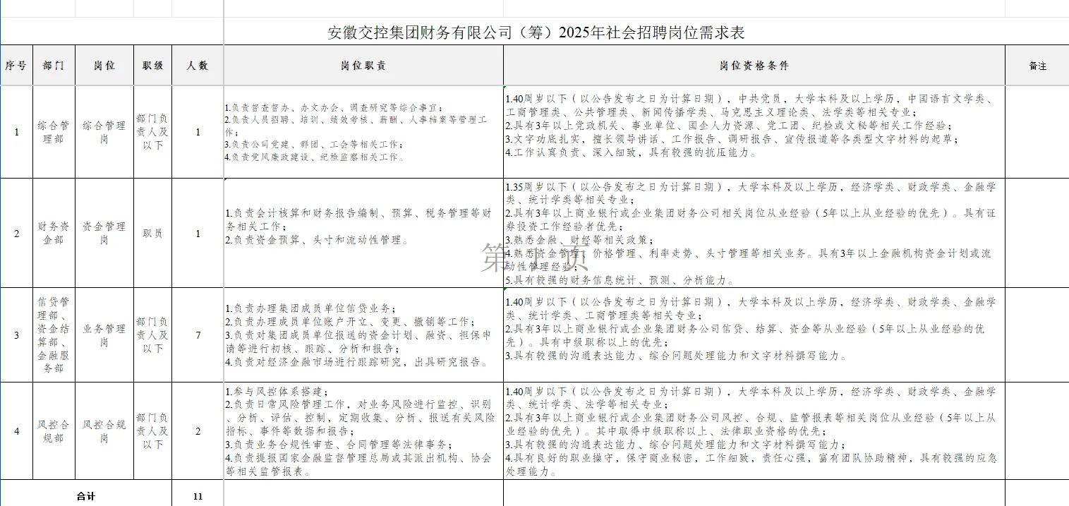 2025安徽交控集团财务有限公司社会招聘11人