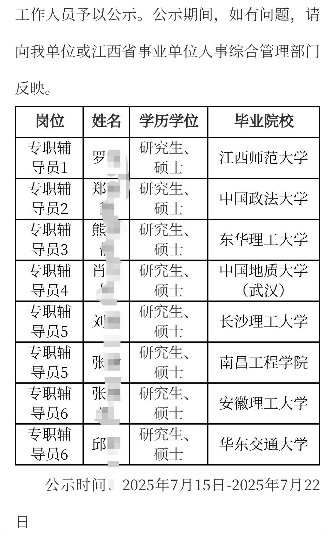 江西飞行学院公开招聘拟聘人员公示