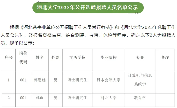 河北大学2025年教师辅导员等招聘公示