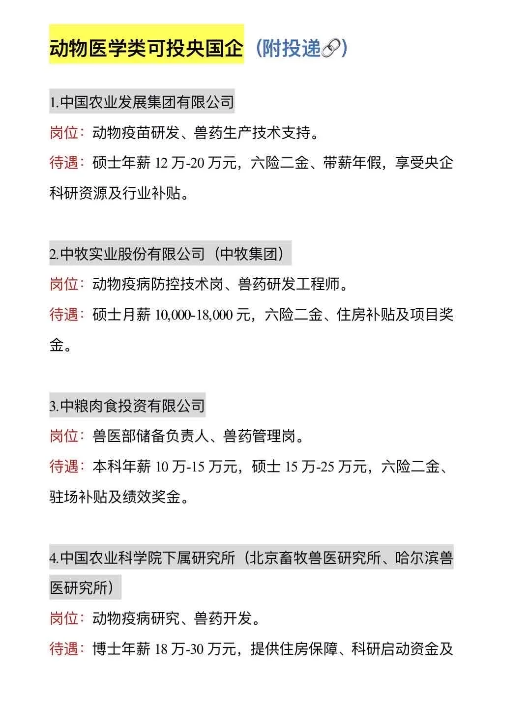 动物医学类可投央国企