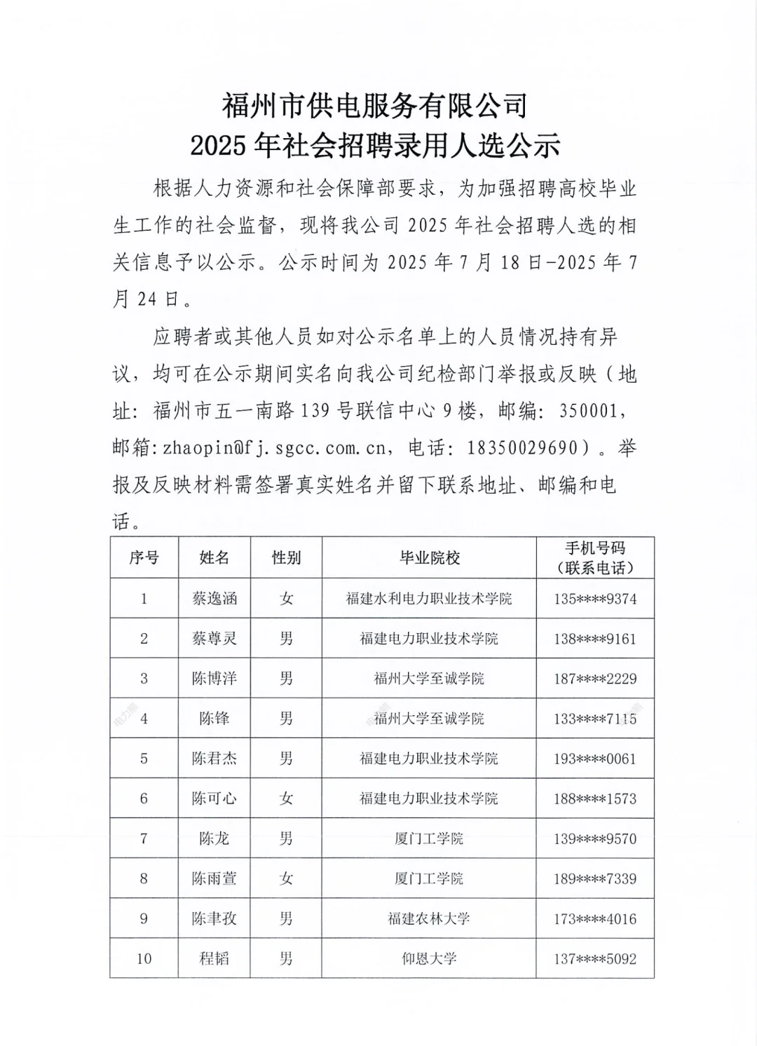 福建各地市供电服务公司招聘公示啦