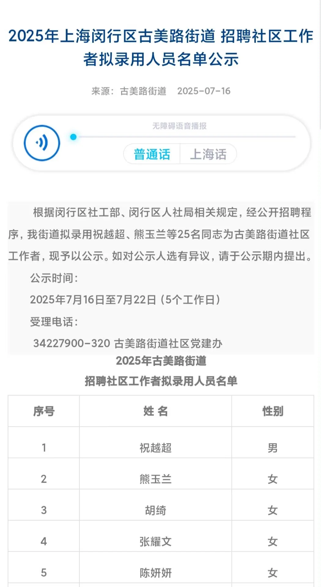 上海闵行区古美路街道社工招聘拟录用公示